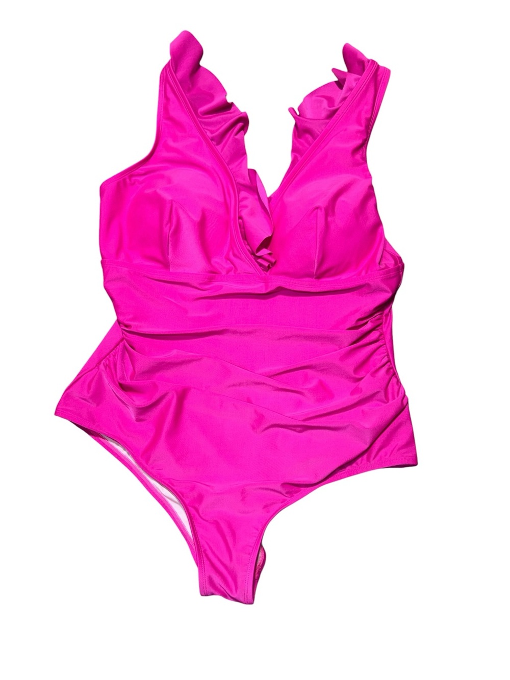 Cupshe One Piece Swimsuit Womens 2X Pink Ruffle V Neck Ruched Tummy Control NWT
